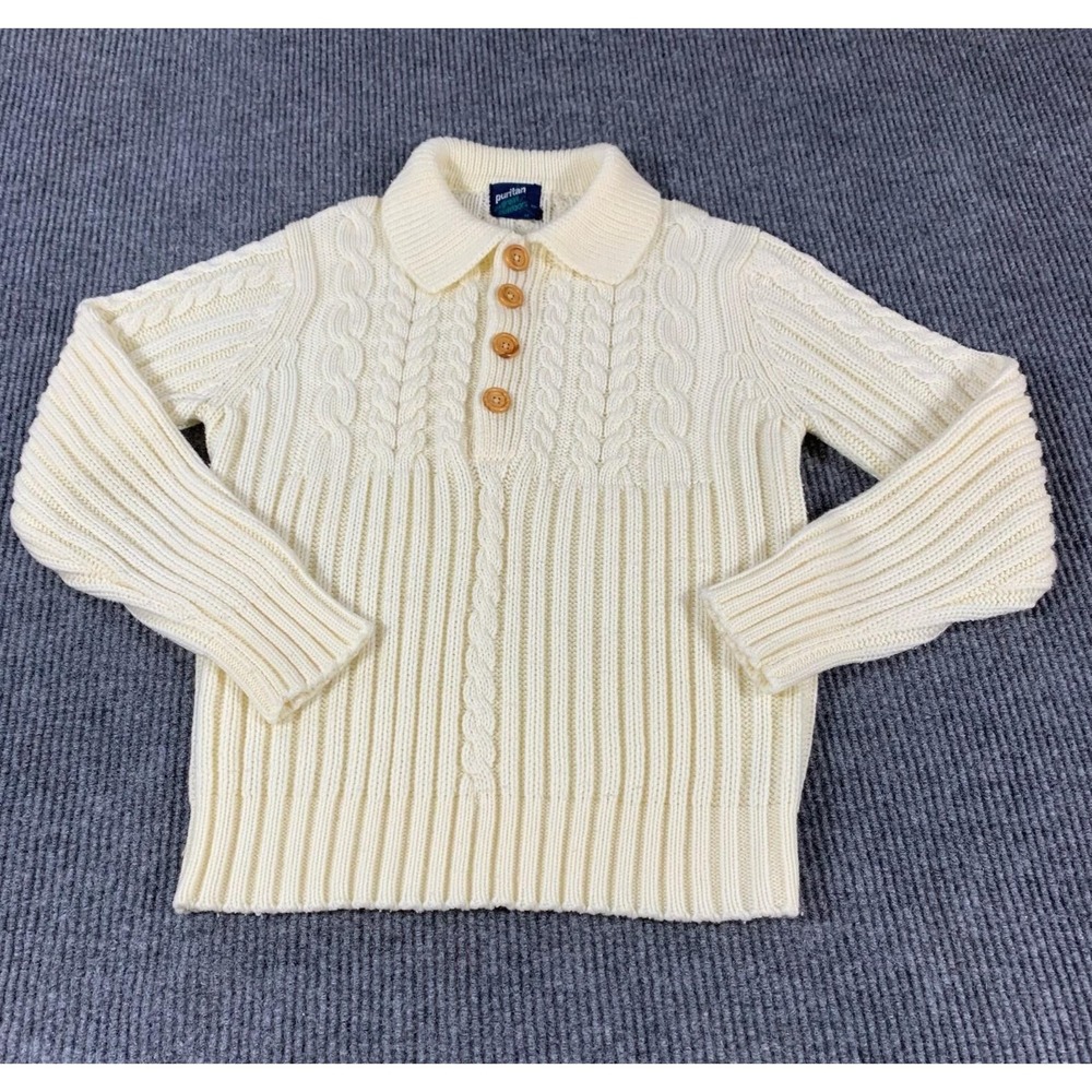 Puritan Sweater Womens Medium M White Cable Knit Henley Collared Retro Outdoors